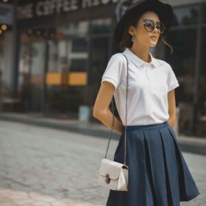 Stylish woman in white polo and skirt, posing with confidence on a city street.